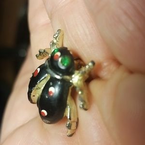 Ladybug Bug Brooch Pin black red Painted Body Green Rhinestone Eyes 1" Vintage